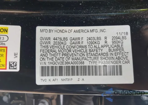 2019 Honda Accord Sport 2.0T из США, поврежденный, VIN 1HGCV2E36KA000368